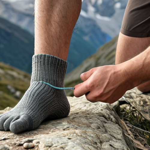 Home 15 ** Close-up shot of a hiker's foot, showing a trekking sock being put on. Focus on the sock's texture (Merino wool suggested) and anatomical fit, emphasizing comfort. Background should suggest a mountain trail.
**