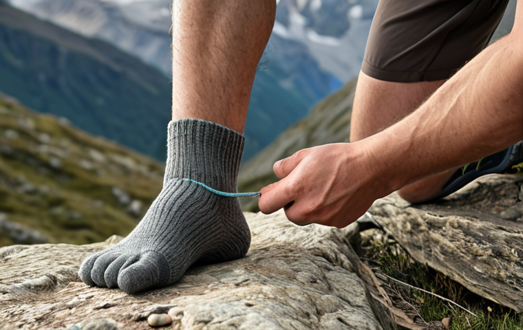 ** Close-up shot of a hiker's foot, showing a trekking sock being put on. Focus on the sock's texture (Merino wool suggested) and anatomical fit, emphasizing comfort. Background should suggest a mountain trail.

**