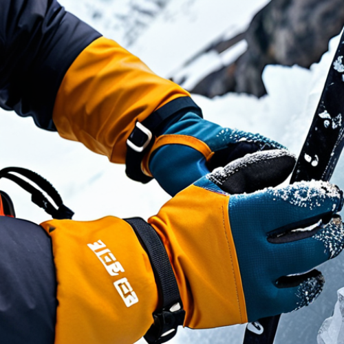 Home 14 **
Close-up of hands wearing high-quality, durable Gore-Tex gloves, gripping an ice axe during ice climbing in the Karkonosze Mountains. Focus on the texture of the gloves, the ice, and the determined expression on the climber's face (partially visible). Emphasize the extreme conditions and the protection offered by the gloves.
**