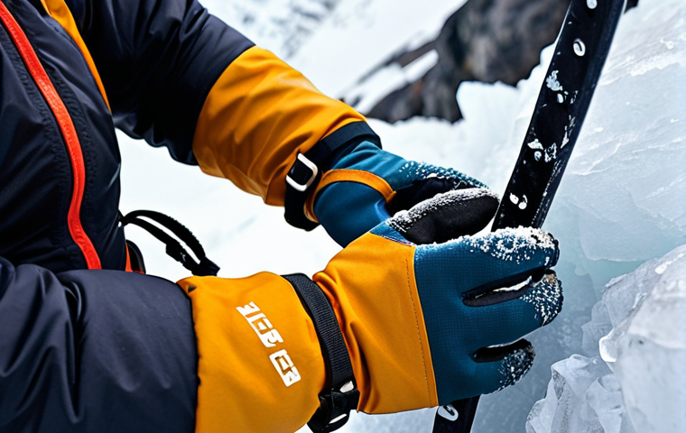 **

Close-up of hands wearing high-quality, durable Gore-Tex gloves, gripping an ice axe during ice climbing in the Karkonosze Mountains. Focus on the texture of the gloves, the ice, and the determined expression on the climber's face (partially visible). Emphasize the extreme conditions and the protection offered by the gloves.

**