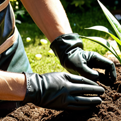 Home 7 A close-up shot of gloved hands working in a garden. The gloves are durable leather, slightly worn, protecting the hands as they plant seedlings. Focus on the texture of the leather and the soil. Sunlight filters through the leaves creating a dappled effect.