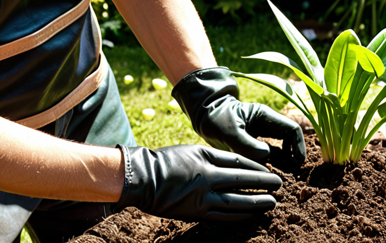 A close-up shot of gloved hands working in a garden. The gloves are durable leather, slightly worn, protecting the hands as they plant seedlings. Focus on the texture of the leather and the soil. Sunlight filters through the leaves creating a dappled effect.